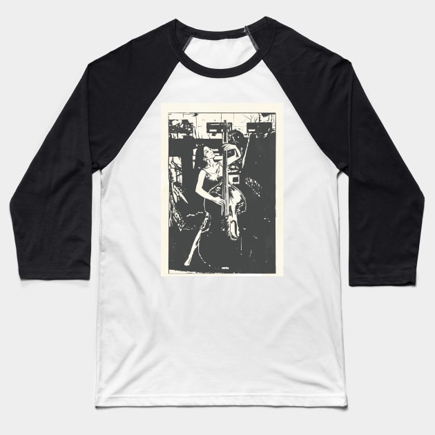 Double Bass time blues black and white Linoprint Baseball T-Shirt by NattyDesigns